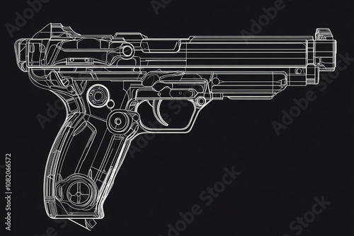 detailed wireframe illustration of a modern pistol with transparent components on a black background
 photo