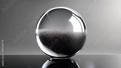 A detailed 3D render of a transparent glass sphere filled with suspended bubbles, positioned on a reflective surface with a soft gradient background. The intricate bubble distribution and reflective q