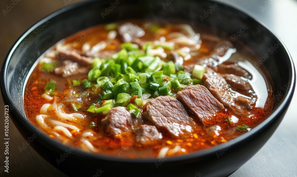 A bowl of soup with meat and green onions A bowl of soup with meat and green onions