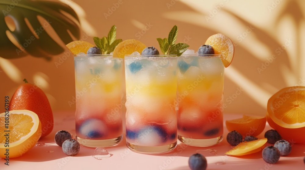 Brightly colored cocktails with fresh fruit garnishes create a festive atmosphere at a summer gathering, perfect for enjoying warm, sunny days outdoors Brightly colored cocktails with fresh fruit garnishes create a festive atmosphere at a summer gathering, perfect for enjoying warm, sunny days outdoors