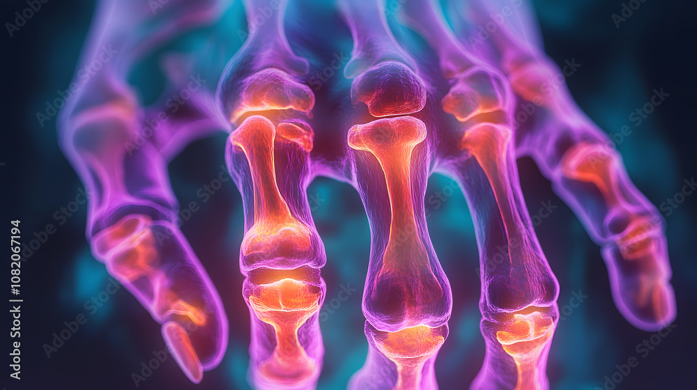 Close-up of fingers affected by rheumatoid arthritis showing swollen joints. Close-up of fingers affected by rheumatoid arthritis showing swollen joints.