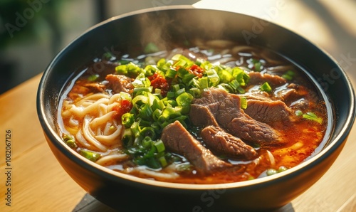 A bowl of soup with noodles and meat