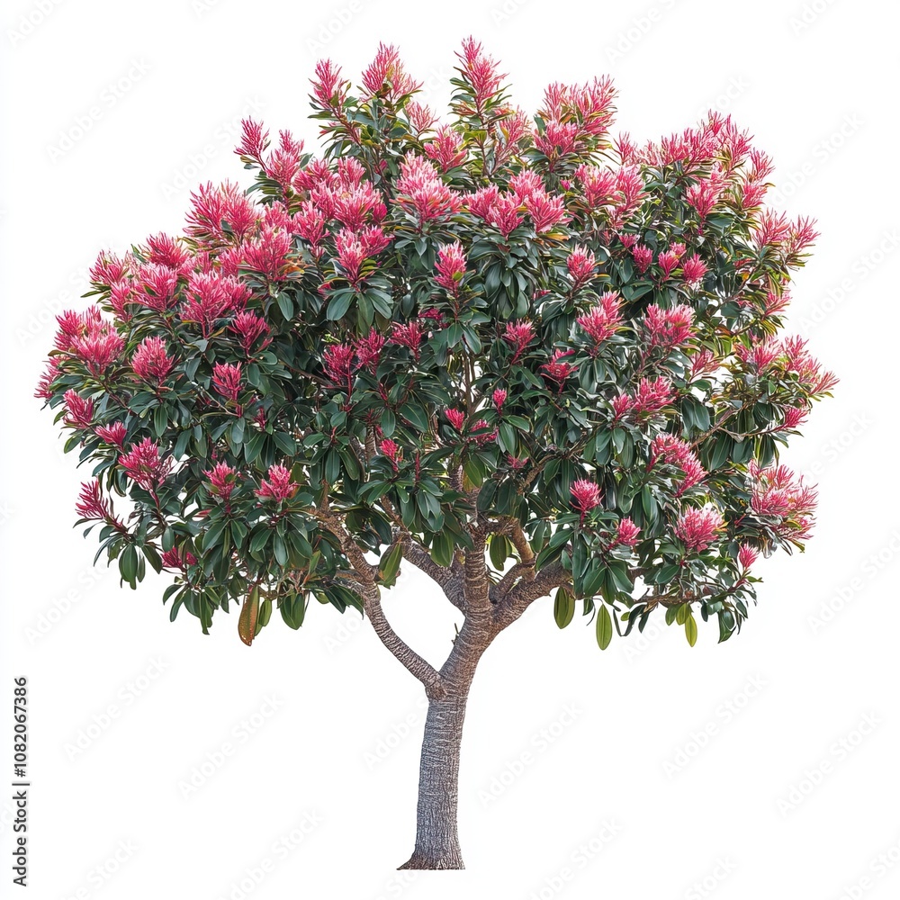 A full Syzygium malaccense tree in bloom with vibrant pink flowers, isolated on a pure white background. generative ai A full Syzygium malaccense tree in bloom with vibrant pink flowers, isolated on a pure white background. generative ai