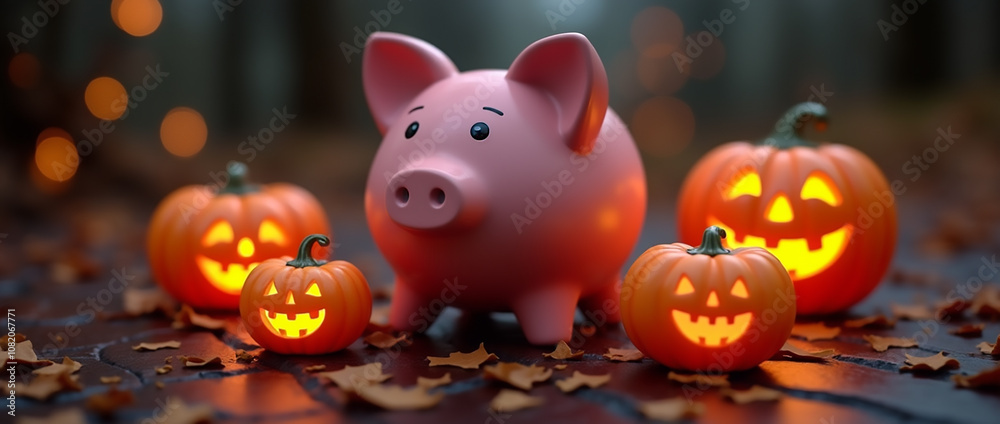 A cheerful pink piggy bank stands amidst freshly fallen autumn leaves, accompanied by several grinning jack-o'-lanterns glowing in the dim light of a Halloween evening. A cheerful pink piggy bank stands amidst freshly fallen autumn leaves, accompanied by several grinning jack-o'-lanterns glowing in the dim light of a Halloween evening.