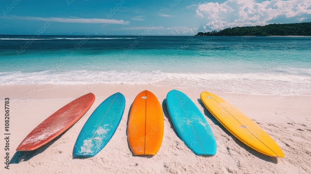 Colorful surfboards laid out in the sand, with the beach stretching out into a calm, turquoise sea Colorful surfboards laid out in the sand, with the beach stretching out into a calm, turquoise sea