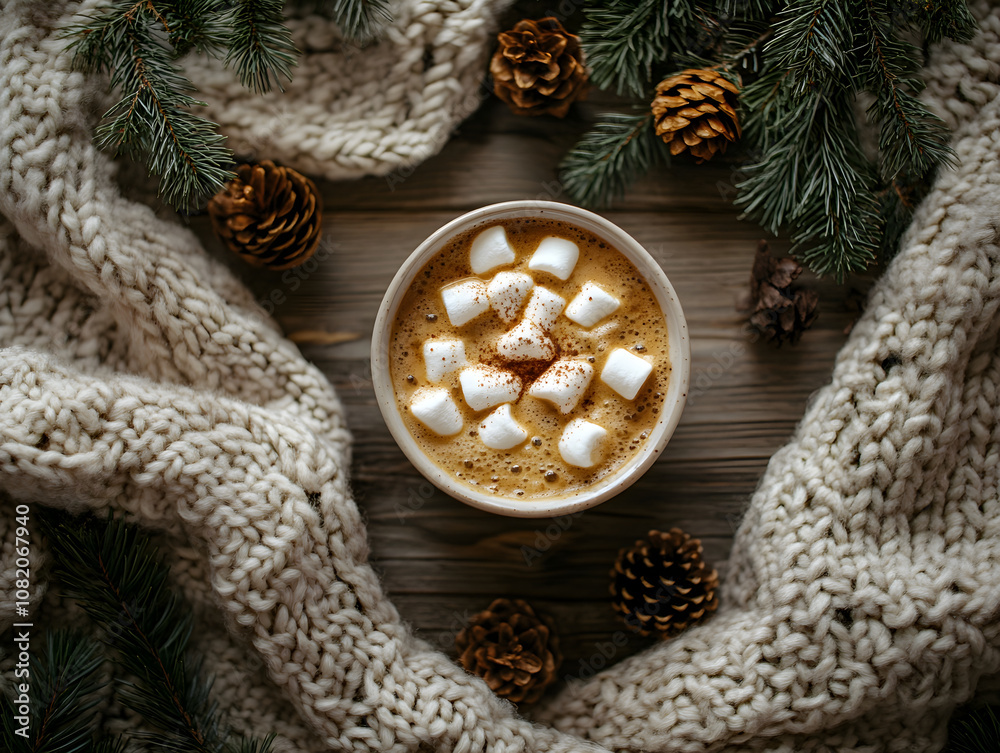 Cup of tasty hot chocolate or mug of cocoa with marshmallows and pine branches and cones on cosy knit blanket background. Cozy sweet seasonal drink. New year holidays and Xmas concept Cup of tasty hot chocolate or mug of cocoa with marshmallows and pine branches and cones on cosy knit blanket background. Cozy sweet seasonal drink. New year holidays and Xmas concept