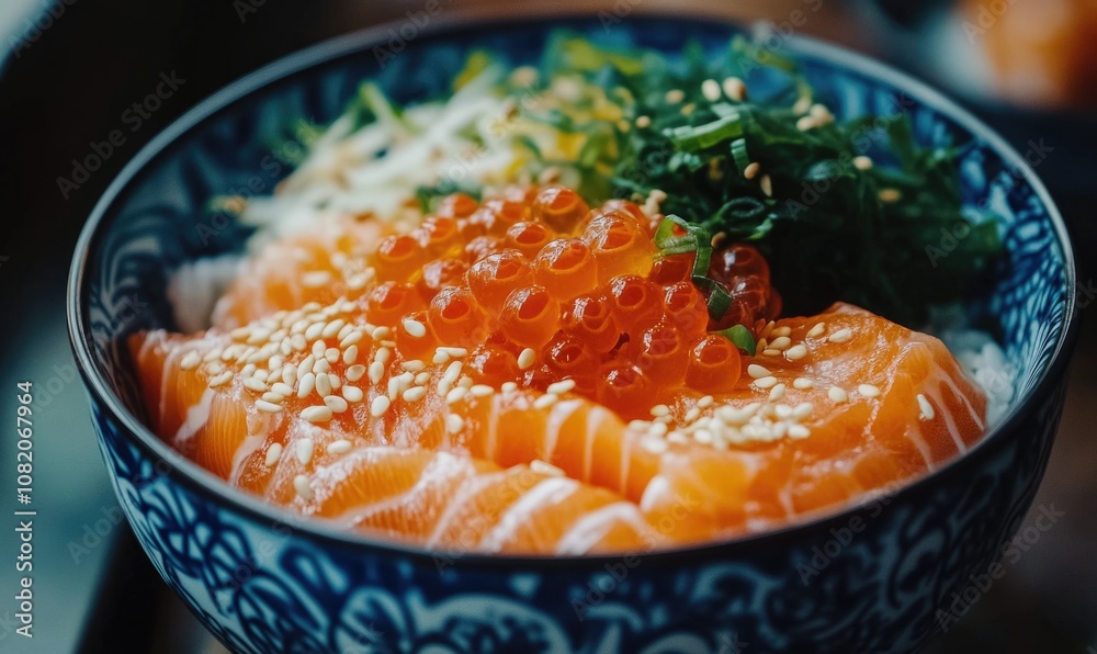 A bowl of food with salmon and sesame seeds A bowl of food with salmon and sesame seeds