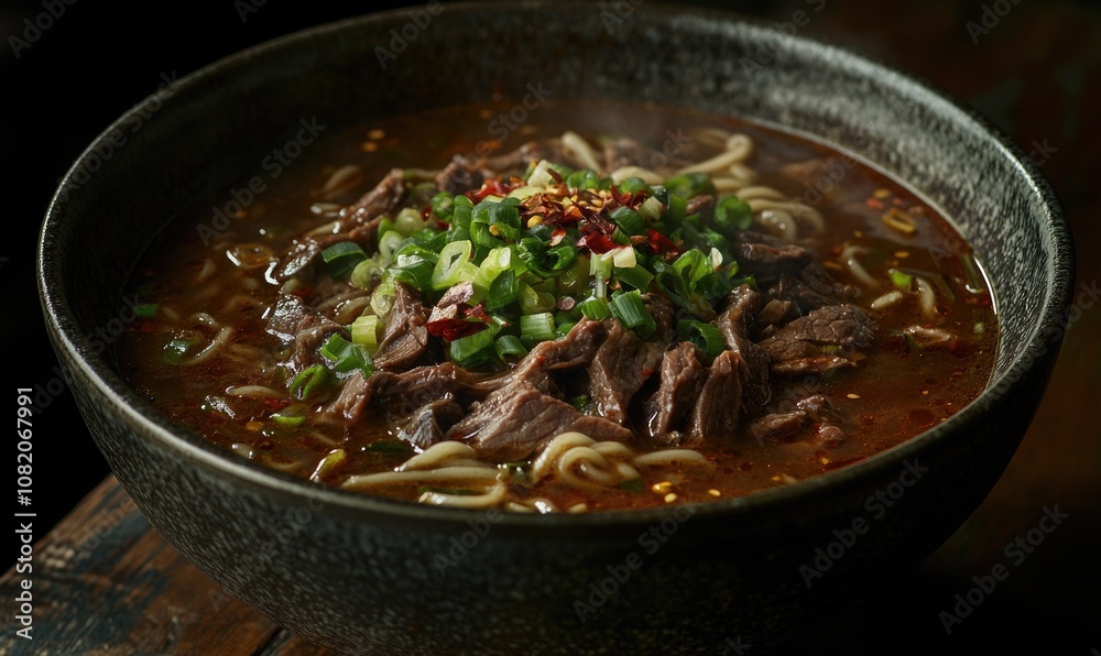 A bowl of beef soup with noodles and green onions A bowl of beef soup with noodles and green onions