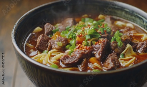 A bowl of beef soup with noodles and green onions