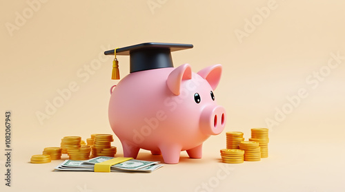 A pink piggy bank adorned with a graduation cap sits among stacks of coins and bundles of cash, symbolizing financial planning for educational costs.