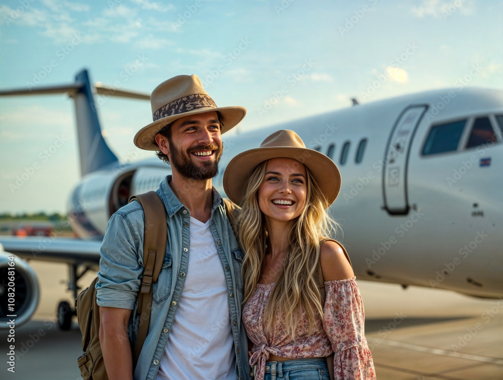 A couple stands close at an airport, both wearing hats and casual clothing, beaming with joy as they prepare to embark on their travel journey. The sun shines brightly above. A couple stands close at an airport, both wearing hats and casual clothing, beaming with joy as they prepare to embark on their travel journey. The sun shines brightly above.
