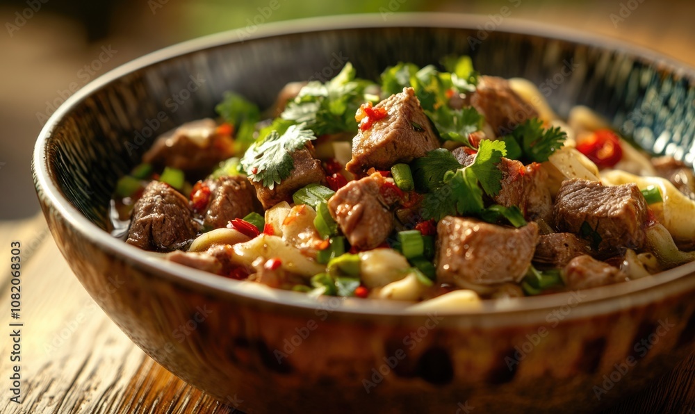 A bowl of food with meat and vegetables A bowl of food with meat and vegetables
