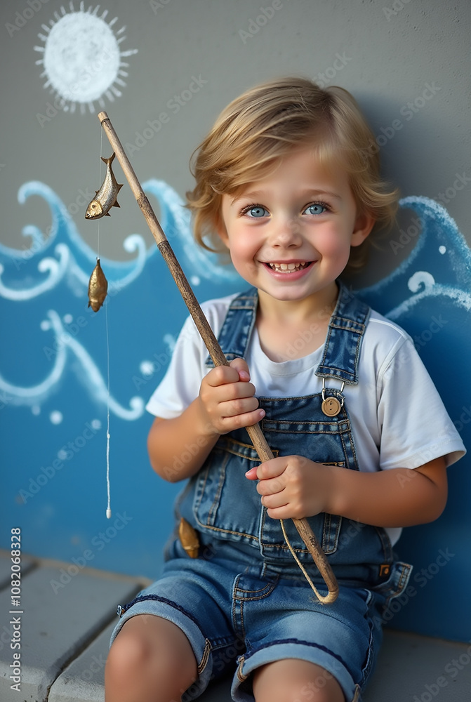 A young child with blonde hair smiles brightly while holding a fishing rod with two small fish. The backdrop features an artistic ocean mural with waves and a sun design. A young child with blonde hair smiles brightly while holding a fishing rod with two small fish. The backdrop features an artistic ocean mural with waves and a sun design.