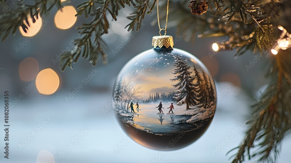 Delicate bauble with a winter scene of skaters on a frozen lake, hanging from a festive tree branch. Delicate bauble with a winter scene of skaters on a frozen lake, hanging from a festive tree branch.