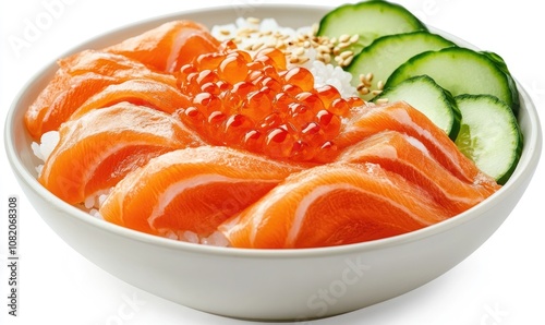 A bowl of sushi with salmon and cucumber