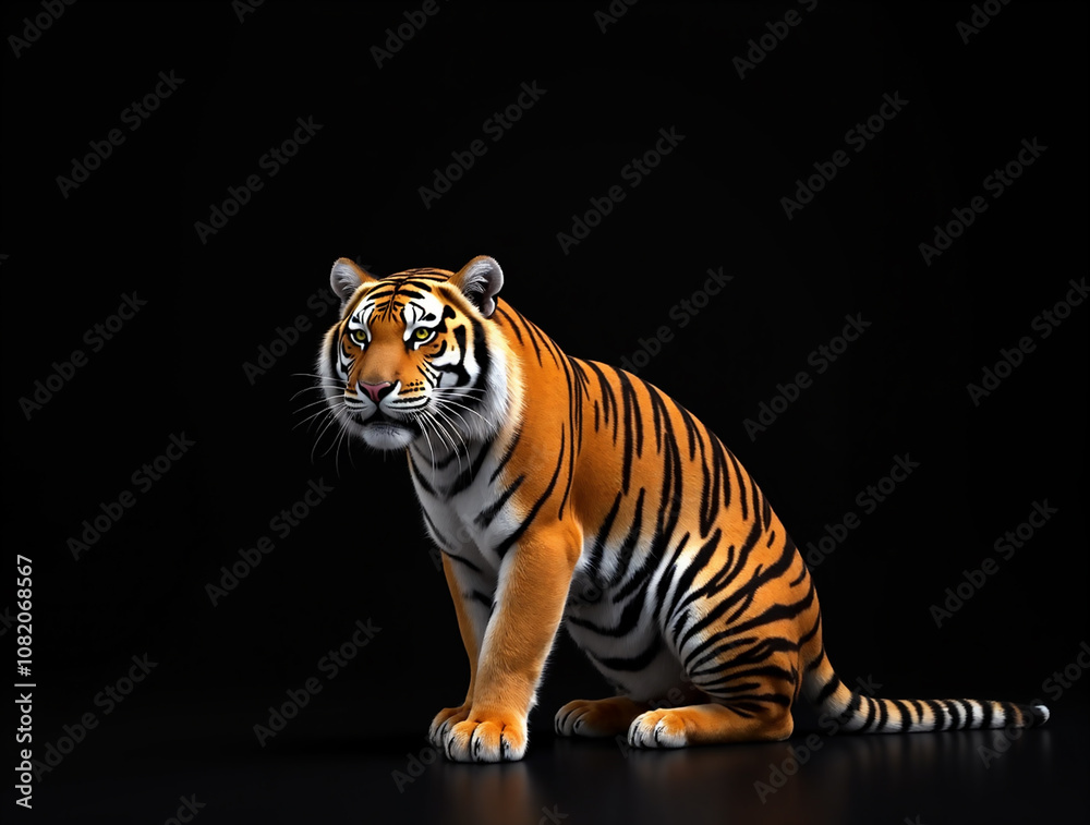 Obraz premium This powerful tiger rests calmly, highlighting its vivid orange fur and bold black stripes. The dark background enhances the striking features and presence of this magnificent creature.