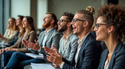 A lively group of diverse individuals enthusiastically applauds in a contemporary conference room. Their joy reflects the engaging nature of the presentation they are attending.