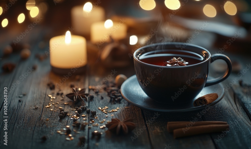 A cup of tea with cinnamon and cloves on a wooden table A cup of tea with cinnamon and cloves on a wooden table