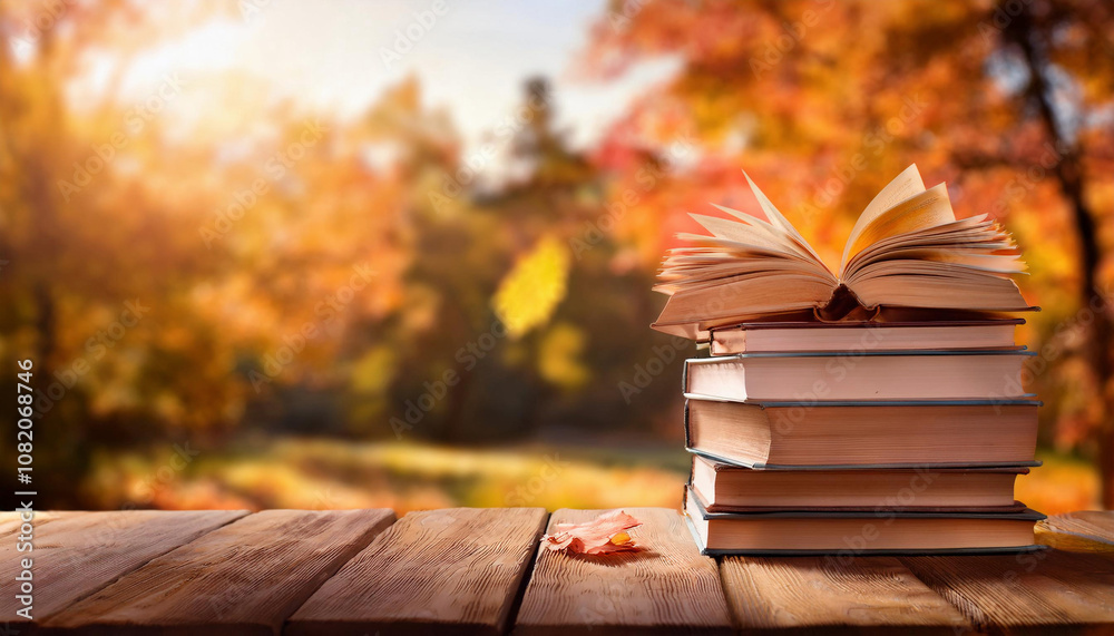 A stack of books sits on a wooden surface against a beautiful autumn background with orange foliage and golden sunlight. copy space A stack of books sits on a wooden surface against a beautiful autumn background with orange foliage and golden sunlight. copy space