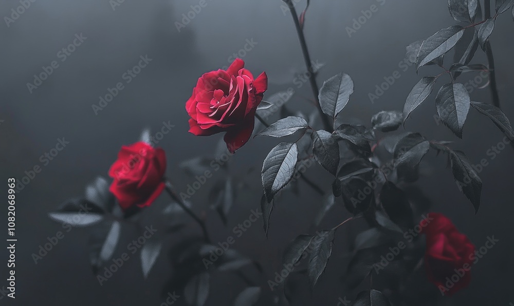 Three red roses are on a dark background Three red roses are on a dark background