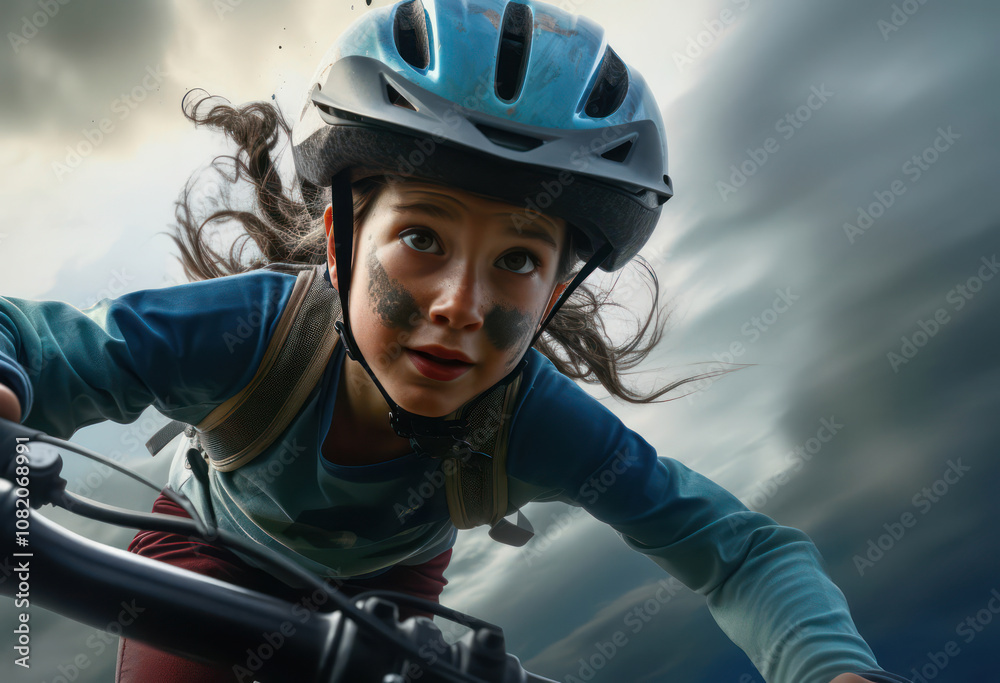 Girl riding a bicycle through a stormy backdrop, showcasing resilience and speed against an intense environment. Girl riding a bicycle through a stormy backdrop, showcasing resilience and speed against an intense environment.