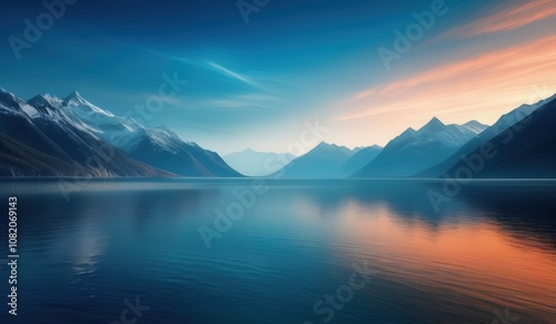 mountains and a body of water with a sunset in the background