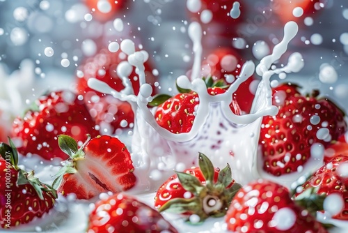 A glass filled with fresh strawberries and milk photo