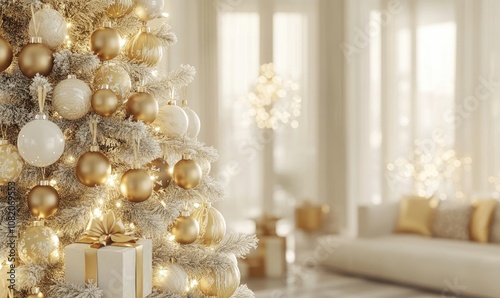 A gold and white Christmas tree with many gold and white ornaments