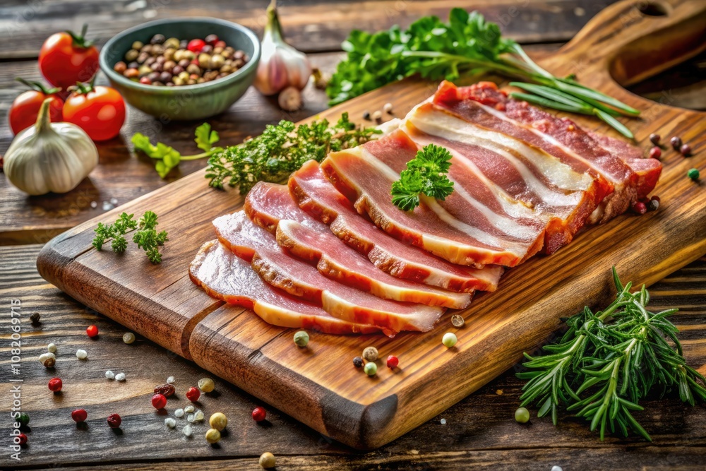 Tender boiled bacon served on a charming wooden board, complemented by fresh herbs and spices for an added burst of flavor and visual appeal.
