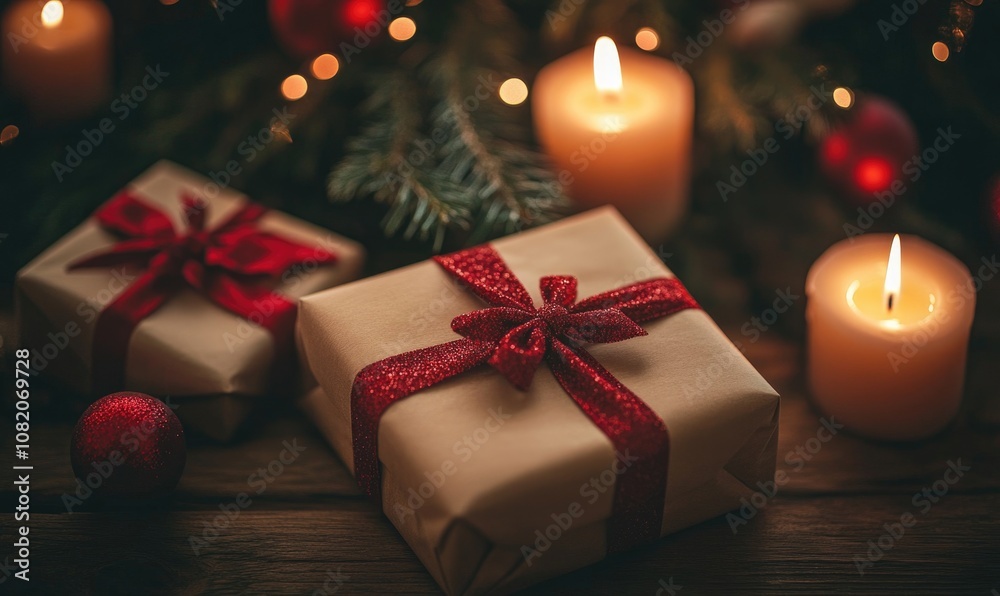 Two presents with red ribbons on them Two presents with red ribbons on them