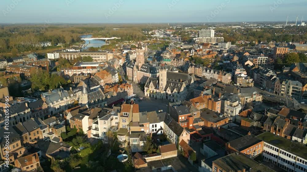 from dendermonde's grand market square river historical houses medieval canal during golden hour town hall belfry create backward aerial drone view footage shot from dendermonde's grand market square river historical houses medieval canal during golden hour town hall belfry create backward aerial drone view footage shot