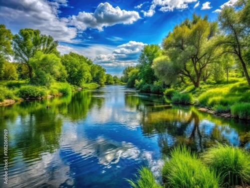 The Boise River Greenbelt presents a picturesque scene, showcasing lush foliage and gentle waters glistening under the warm daylight, perfect for a relaxing escape. photo