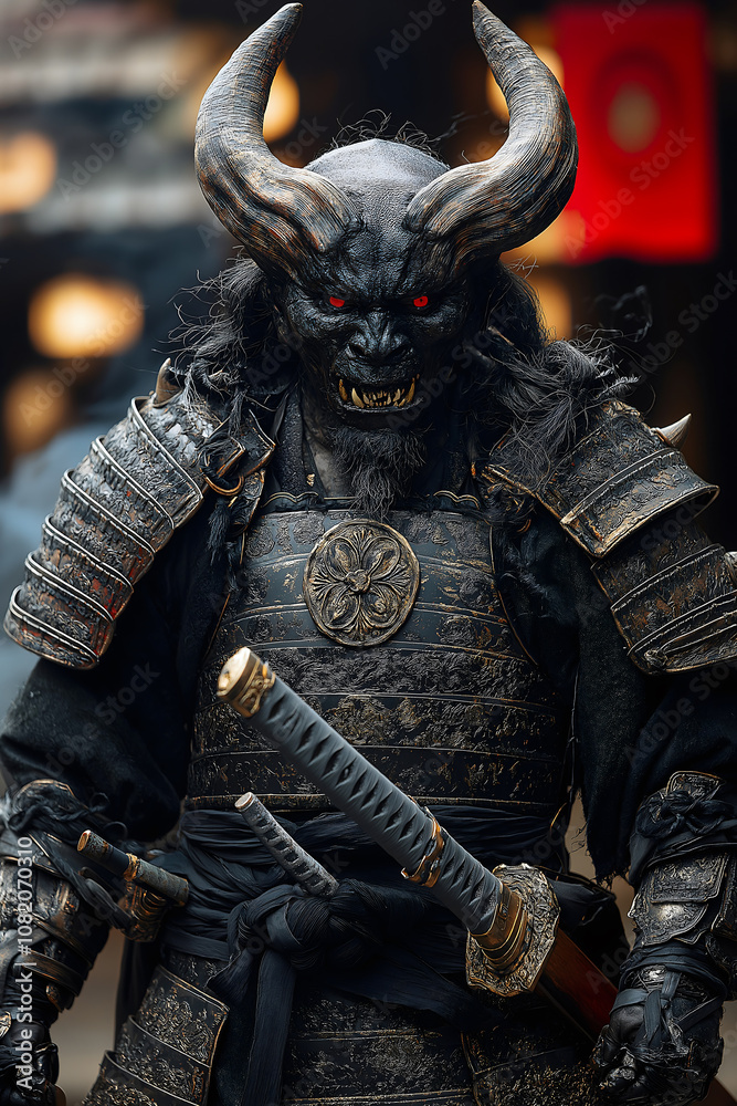 A fearsome demon samurai engages in battle, brandishing his sword amidst swirling smoke A fearsome demon samurai engages in battle, brandishing his sword amidst swirling smoke