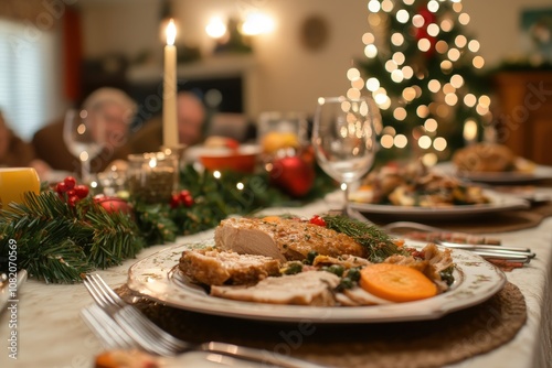 Warm Christmas Dinner: Roasted meat, festive decorations, and the glow of family gathered around. photo