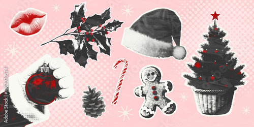 Christmas themed halftone sticker set with a retro feel, featuring Santas hand, gingerbread man, Christmas tree, candy cane, holly and Santa hat. Ideal for social media posts, cards or festive decor.