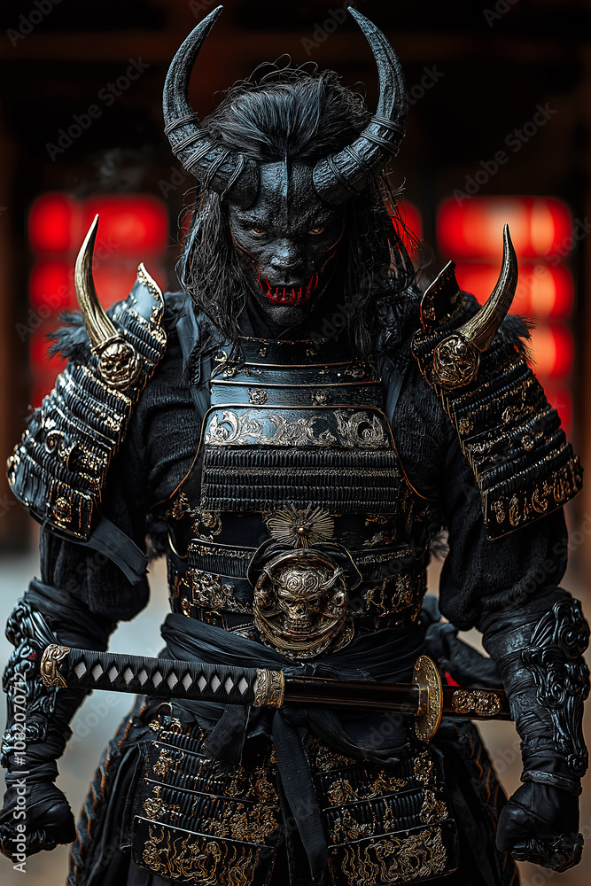 Fototapeta premium A demon samurai strikes a fierce pose in a traditional dojo, adorned with detailed armor and horned prosthetics, wielding a sword with dramatic effects in a captivating atmosphere