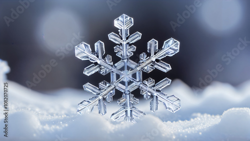Perfect Symmetry of Nature: A Unique Snowflake in a Cold Winter Atmosphere with Crystalline Structure and Delicate Details, Captured through Macro Photography with Bokeh Effect 