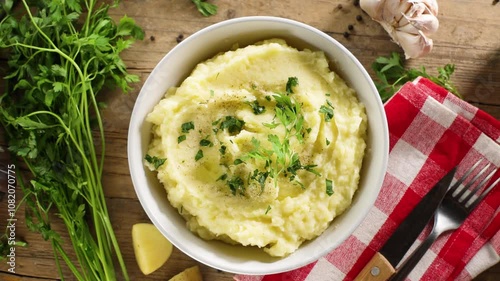bowl of mashed potatoes with butter and parsley, top view