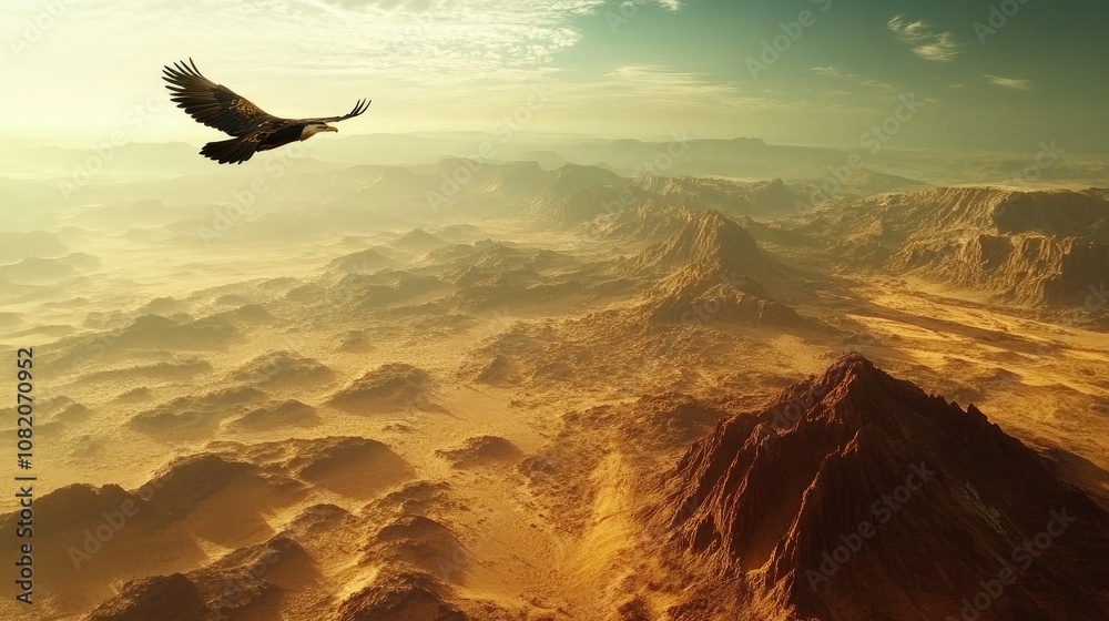Naklejka premium Eagle gliding above an expansive desert landscape with distant mountains on the horizon. Open and vast scenery