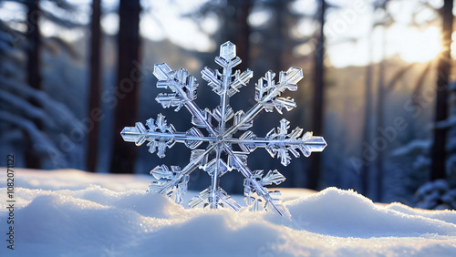 Perfect Symmetry of Nature: A Unique Snowflake in a Cold Winter Atmosphere with Crystalline Structure and Delicate Details, Captured through Macro Photography with Bokeh Effect 
