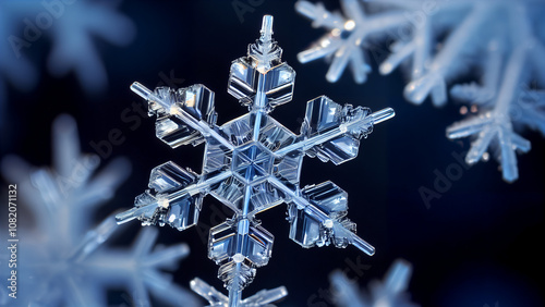Perfect Symmetry of Nature: A Unique Snowflake in a Cold Winter Atmosphere with Crystalline Structure and Delicate Details, Captured through Macro Photography with Bokeh Effect 