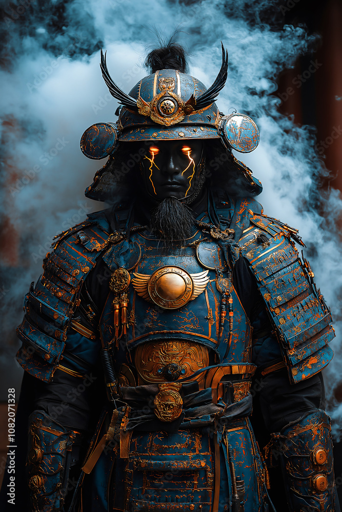 A thunder spirit warrior stands poised against a stormy backdrop, showcasing intricate armor with lightning details and surrounded by swirling environmental smoke A thunder spirit warrior stands poised against a stormy backdrop, showcasing intricate armor with lightning details and surrounded by swirling environmental smoke