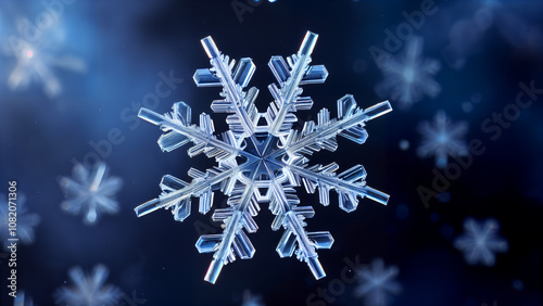 Perfect Symmetry of Nature: A Unique Snowflake in a Cold Winter Atmosphere with Crystalline Structure and Delicate Details, Captured through Macro Photography with Bokeh Effect 
