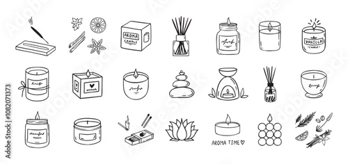 Hand drawn doodle candles set . Outline aroma collection. Burning aroma candles, Various Candles. Pillar, square and container candle. Decorative wax spice candles for relax and spa.