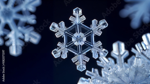 Perfect Symmetry of Nature: A Unique Snowflake in a Cold Winter Atmosphere with Crystalline Structure and Delicate Details, Captured through Macro Photography with Bokeh Effect 