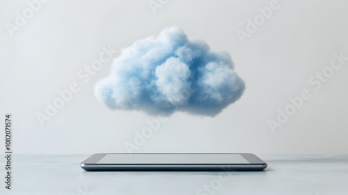 Cloud Computing Concept: A soft, light blue cloud hovers above a sleek tablet, symbolizing seamless data storage and access in the digital age.  
