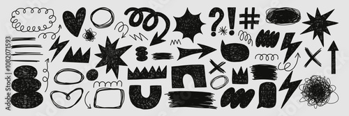 Trendy vector set of abstract scribble objects. Hand drawn modern forms for card, print on clothes. Doodle design with short messages. Creative collage.