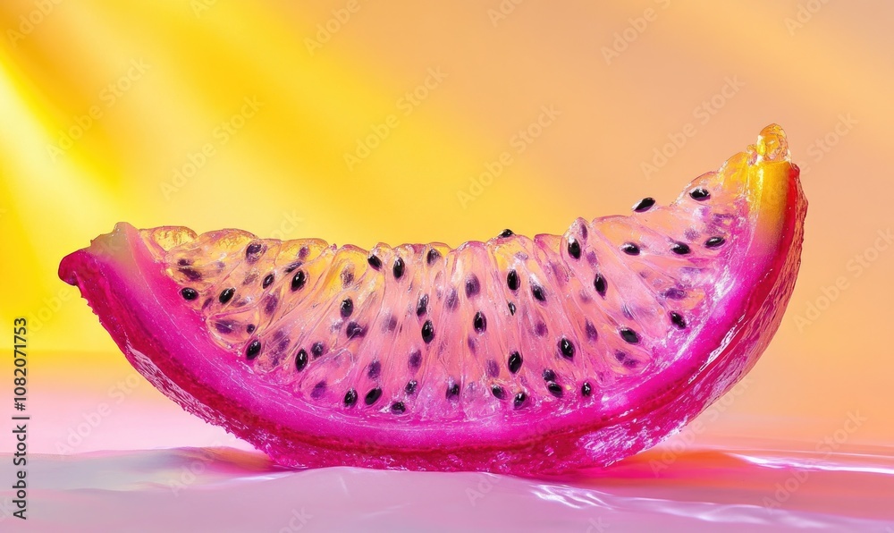 A slice of a pink fruit with black seeds A slice of a pink fruit with black seeds