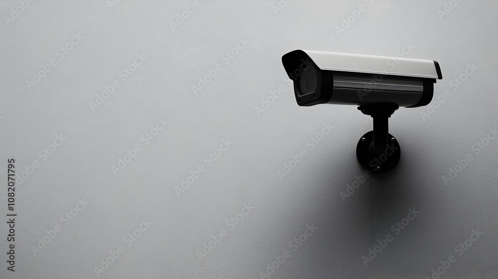 Security Camera on Wall: A single, modern security camera mounted on a white wall, its lens facing forward, ready to monitor and protect. The camera is a symbol of vigilance, safety, and technology. Security Camera on Wall: A single, modern security camera mounted on a white wall, its lens facing forward, ready to monitor and protect. The camera is a symbol of vigilance, safety, and technology.