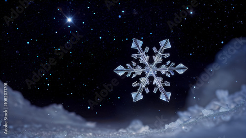 Perfect Symmetry of Nature: A Unique Snowflake in a Cold Winter Atmosphere with Crystalline Structure and Delicate Details, Captured through Macro Photography with Bokeh Effect 